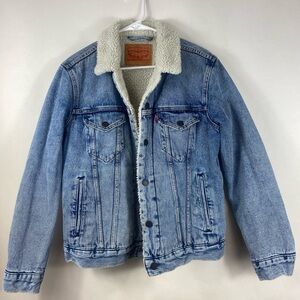 Levi's Womens Blue Denim Sherpa Jacket Small Trucker Style Mid Wash Snaps